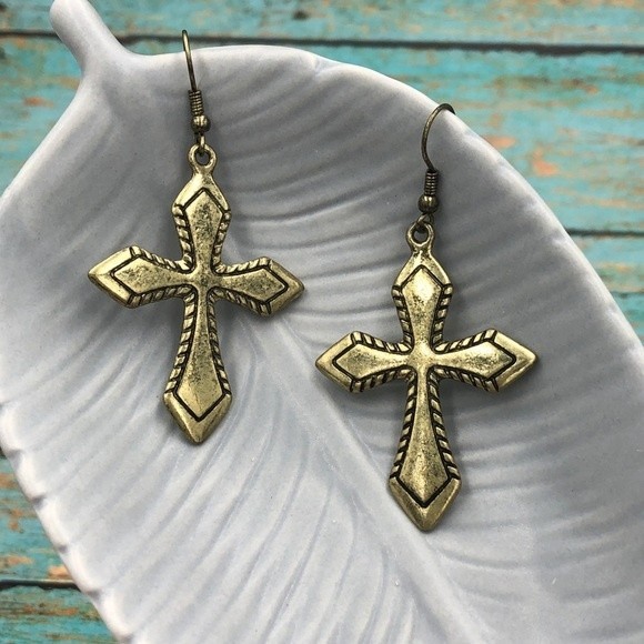 🌼 Rugged Worn Cross Gold Dangle Earrings - Picture 1 of 2